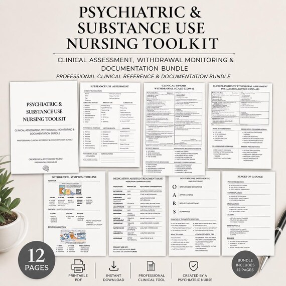 Psychiatric Substance Use Nursing Toolkit | COWS, CIWA, MAT, Documentation (Digital Download)