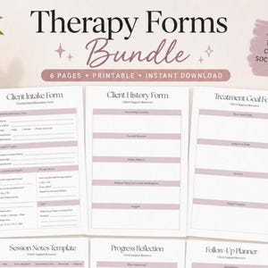 May include: A Therapy Forms Bundle featuring six printable pages including a Client Intake Form, Client History Form, and Treatment Goal Form. The documents have a white background with mauve headers and text. The bundle is for therapists.