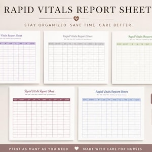 May include: Five Rapid Vitals Report Sheet templates featuring a grid layout for patient data. Each sheet includes headers for room, name, BP, HR, temp, O2, pain, and notes. The designs are presented in purple, gray, green, maroon, and blue color schemes.
