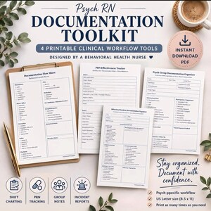 Pode incluir: Um kit de ferramentas de documentação para enfermagem psiquiátrica com quatro formulários clínicos imprimíveis. Inclui uma folha de documentação, um rastreador de eficácia PRN, um organizador de incidentes comportamentais e um organizador de grupos de psicologia com caixas de seleção e campos de texto.