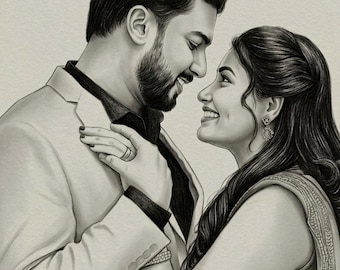 Zwart-wit portret van een stel of gezin op maat | Handgemaakte potloodschets van een foto | Gepersonaliseerd huwelijksgeschenk | A4-A2