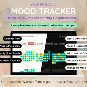 Puede incluir: Una pantalla de portátil muestra una aplicación de seguimiento del estado de ánimo. Presenta vistas de calendario y píxeles, seguimiento del estado de ánimo y entradas de diario. El texto en la pantalla dice: «MOOD TRACKER» y «Identify how sleep, exercise, stress, and routines affect you.»