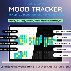 Op de afbeelding: Een laptop toont een mood tracker-interface met kalender- en pixelweergaven, identificatie van stemmingstrends en opties voor journaalitems. Functies zijn onder meer het volgen van twee stemmingen per dag en het aanpassen van stemmingkleuren. De tekst luidt "Veilig & privé".