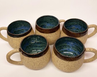 Flow Glaze Handmade Stoneware Coffe Mug With Handle Blue & Green