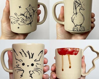 Tasses à café en grès faites main avec illustrations 11,1 oz | Sans danger pour les aliments | Lavable au lave-vaisselle