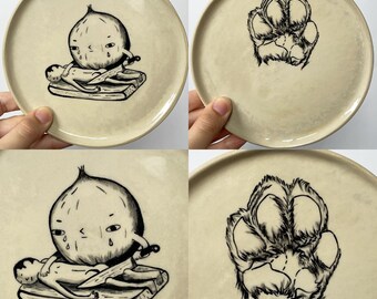 Assiettes en grès faites main avec illustrations 15,5 cm (6,1 pouces) | Sans danger pour les aliments | Lavable au lave-vaisselle