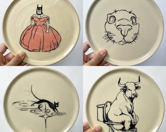 Assiettes en grès faites main avec illustrations 19 cm (7,4 pouces) | Sans danger pour les aliments | Lavable au lave-vaisselle