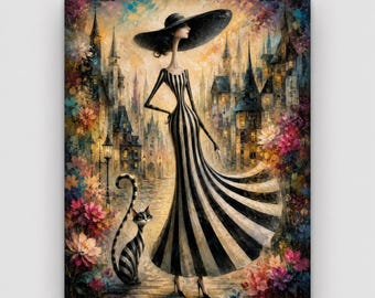 Elegant Striped Lady and Cat Matte Vertical Poster | Fashion Illustration