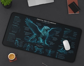 Griffin Desk Mat, Mythical Creature Blueprint Mouse Pad, Fantasy Gaming Desk Pad,Sky Guardian Deskmat, Dark Cyan Mythology Office Mat