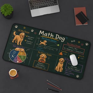 May include: A rectangular, dark green mousepad with the words "Math Dog" and dog-related formulas. Illustrations of a golden retriever are featured, along with text about dog behavior and a daily activity clock. A computer mouse is on the right.