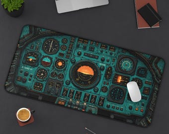 Aircraft Cockpit Desk Mat, Vintage Aviation Dashboard Mouse Pad, Pilot Instrument Panel Gaming Desk Pad, Retro Airplane Control Room DeskMat