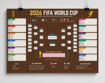 2026 World Cup Bracket Match Tracker, FIFA Soccer Tournament Poster,Bracket Wall Chart