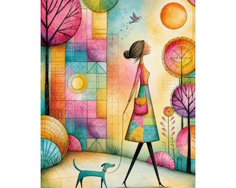 Whimsical Woman Dog Poster, Colorful Boho Wall Art, Abstract Walking Dog Print, Feminine Gallery Wall Decor, Cute Dog Lover Gift