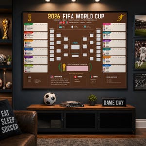 Könnte beinhalten: Ein großes rechteckiges Wandplakat mit dem Titel 2026 FIFA WORLD CUP, das einen braunen Hintergrund mit einem Turnierbaum, Gruppenphasen-Trackern, Spielstandstabellen und Listen der Gastgeberstädte für die USA, Kanada und Mexiko zeigt.