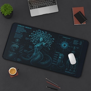 Könnte beinhalten: Eine rechteckige Schreibtischunterlage mit dunklem Hintergrund und einer cyanfarbenen Illustration der Medusa. Das Design enthält technische Diagramme, anatomische Beschriftungen und Text zur Gorgone, unterteilt in Abschnitte wie Gorgon: Medusa, Cranial Serpents, Petrifying Gaze und Anatomy.