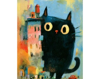Black Cat City Poster, Whimsical Cat Wall Art, Cute Abstract Cat Print, Colorful Nursery Decor, Cat Lover Gift, Kids Room Poster