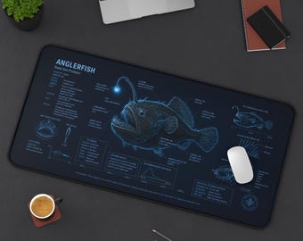 Anglerfish Desk Mat, Deep Sea Fish Mouse Pad, Ocean Blueprint Gaming Desk Pad, Marine Biology Gift, Dark Blue Sea Creature Office Mat