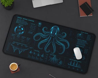 Kraken Desk Mat, Sci Fi Blueprint Mouse Pad, Mythical Sea Monster Gaming Desk Pad, Octopus Leviathan Deskmat, Cyberpunk Ocean Office Gift