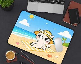 Beach Cat in Sun Hat Desk Mat | Cute Summer Seaside Mousepad