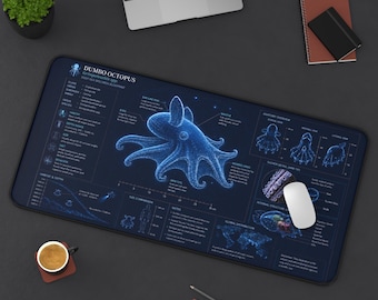 Dumbo Octopus Desk Mat, Deep Sea Blueprint Mouse Pad, Ocean Animal Gaming Desk Pad, Marine Biology Gift, Dark Blue Octopus Office Mat