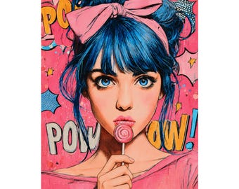 Pop Art Girl Poster, Pink Comic Wall Art, Blue Hair Girl Print, Lollipop Portrait, Colorful Teen Room Decor, Cute Fashion Illustration
