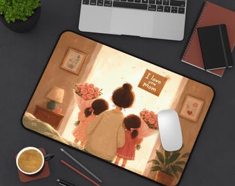 Mom and Daughters with Flowers Desk Mat | I Love You Mom Artwork