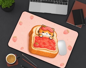 Cute Strawberry Cat Desk Mat, Kawaii Cat Bread Bed Mouse Pad, Pink Strawberry Desk Pad, Cozy Cat Desk Mat, Aesthetic Gaming Desk Mat Gift