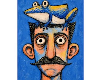 Frog on Head Portrait Print, Weird Mustache Man Wall Art, Frog Poster, Funny Blue Folk Art, Quirky Outsider Art Print, Whimsical Decor