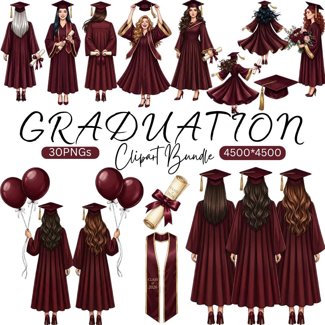 Watercolor Graduation Clipart Bundle, Class of 2026 Female Student PNG ...