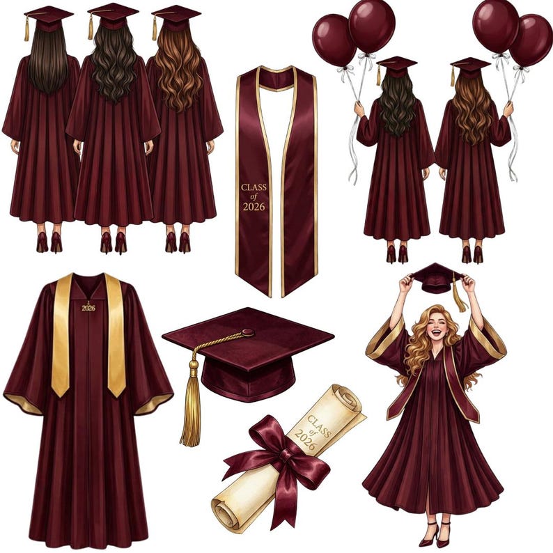 Watercolor Graduation Clipart Bundle, Class of 2026 Female Student PNG ...