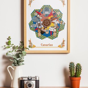 以下が含まれることがあります： 「Canarias」の文字が入った、カナリア諸島のカラフルなイラストが描かれた額入りのプリント。木製の表面には、ヴィンテージカメラ、緑の植物が入った白い花瓶、テラコッタの鉢植えの小さなサボテンが置かれています。