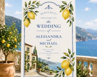 Modèle numérique de panneau de bienvenue de mariage de la côte amalfitaine, affiche de douche nuptiale italienne citron imprimable imprimable