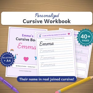 May include: A personalized cursive workbook with a light purple cover featuring the name Emma, a rainbow, a heart, and a star. The workbook includes 40+ pages for practicing cursive writing, with US Letter and A4 size options and a yellow pencil.