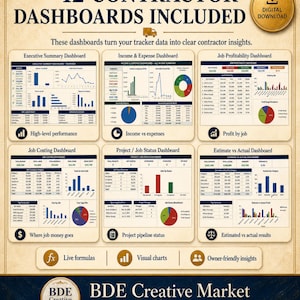 May include: A digital download featuring 12 contractor dashboards with charts and tables for executive summaries, income, expenses, job profitability, costing, project status, and estimates versus actuals, labeled BDE Creative Market.