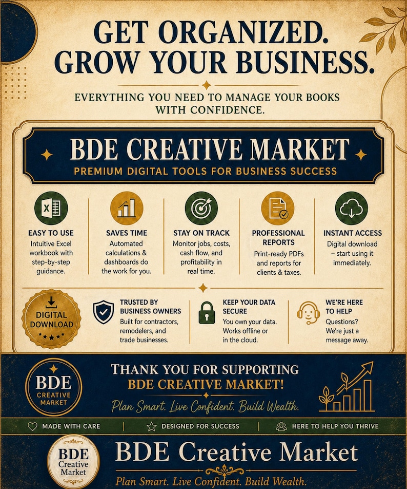 May include: A digital marketing flyer for BDE Creative Market featuring the text GET ORGANIZED. GROW YOUR BUSINESS. It highlights features like easy-to-use Excel workbooks, automated calculations, professional reports, and instant digital downloads.