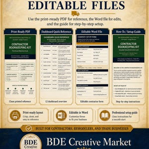 May include: A digital contractor bookkeeping kit featuring printable and editable files. Includes a print-ready PDF, dashboard quick reference, editable Word company setup form, and a how-to setup guide for contractors, remodelers, and trade businesses.