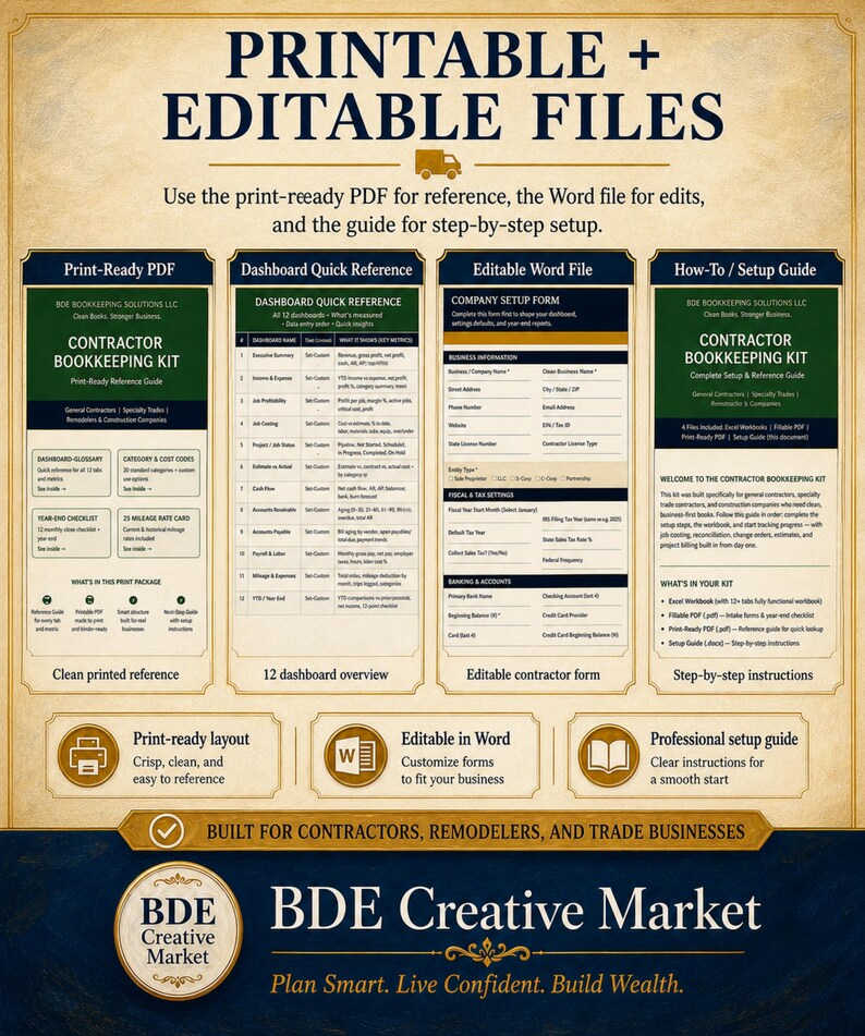 May include: A digital contractor bookkeeping kit featuring printable and editable files. Includes a print-ready PDF, dashboard quick reference, editable Word company setup form, and a how-to setup guide for contractors, remodelers, and trade businesses.