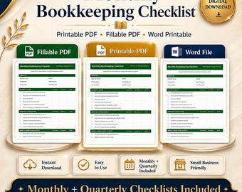 Monthly & Quarterly Bookkeeping Checklist: Fillable PDF, Printable PDF, Word