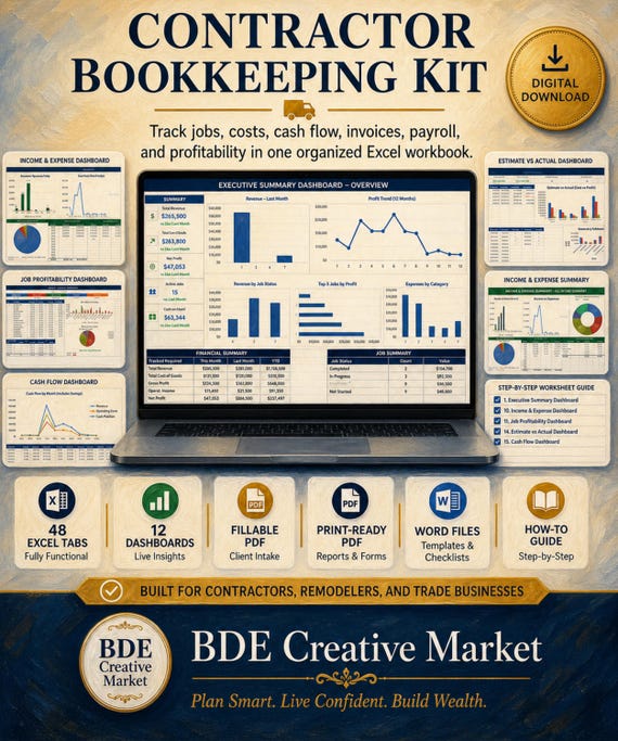 Contractor Bookkeeping Kit Excel Spreadsheet, Job Costing Dashboard, 1099 Tracker, Construction Accounting Template