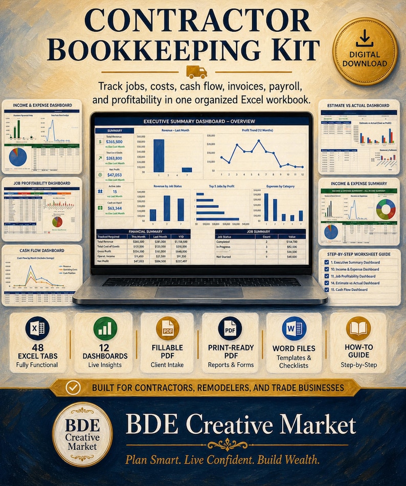 May include: A digital contractor bookkeeping kit featuring a laptop displaying an executive summary dashboard. Surrounding the laptop are smaller dashboard previews, icons for 48 Excel tabs, 12 dashboards, fillable PDFs, print-ready PDFs, Word files, and a how-to guide. Text includes Contractor Bookkeeping Kit, Digital Download, and BDE Creative Market.