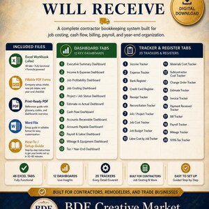 May include: A digital download contractor bookkeeping system infographic titled WHAT YOU WILL RECEIVE. It lists included files, 12 dashboard tabs, and 20 tracker and register tabs for job costing, cash flow, billing, payroll, and year-end organization.