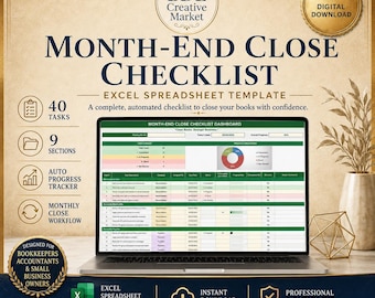 Month-End Close Checklist Excel Template, Bookkeeping Spreadsheet, 40 Tasks Dashboard for Bookkeepers & Business Owners