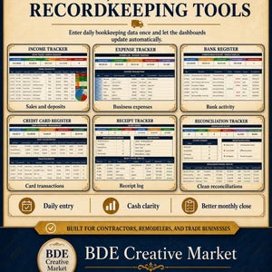 May include: A digital bookkeeping spreadsheet template titled Cash, Expenses & Recordkeeping Tools. It features six distinct sections: Income Tracker, Expense Tracker, Bank Register, Credit Card Register, Receipt Tracker, and Reconciliation Tracker.