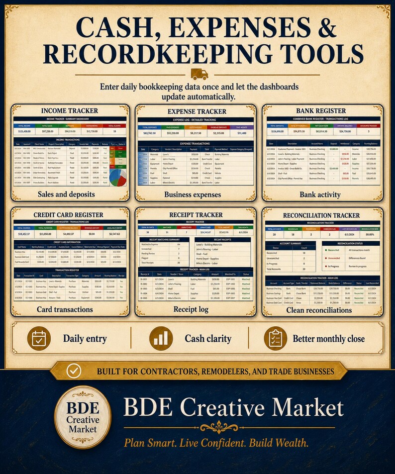 May include: A digital bookkeeping spreadsheet template titled Cash, Expenses & Recordkeeping Tools. It features six distinct sections: Income Tracker, Expense Tracker, Bank Register, Credit Card Register, Receipt Tracker, and Reconciliation Tracker.