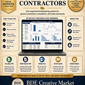 May include: A digital bookkeeping system for contractors featuring a laptop displaying an Excel workbook dashboard. The layout includes text sections detailing a 48-tab workbook, fillable PDFs, Word files, and setup guides for business management.