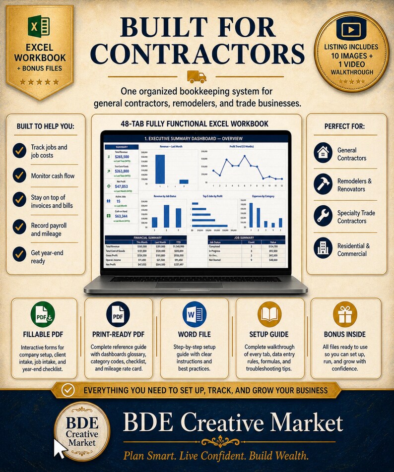 May include: A digital bookkeeping system for contractors featuring a laptop displaying an Excel workbook dashboard. The layout includes text sections detailing a 48-tab workbook, fillable PDFs, Word files, and setup guides for business management.