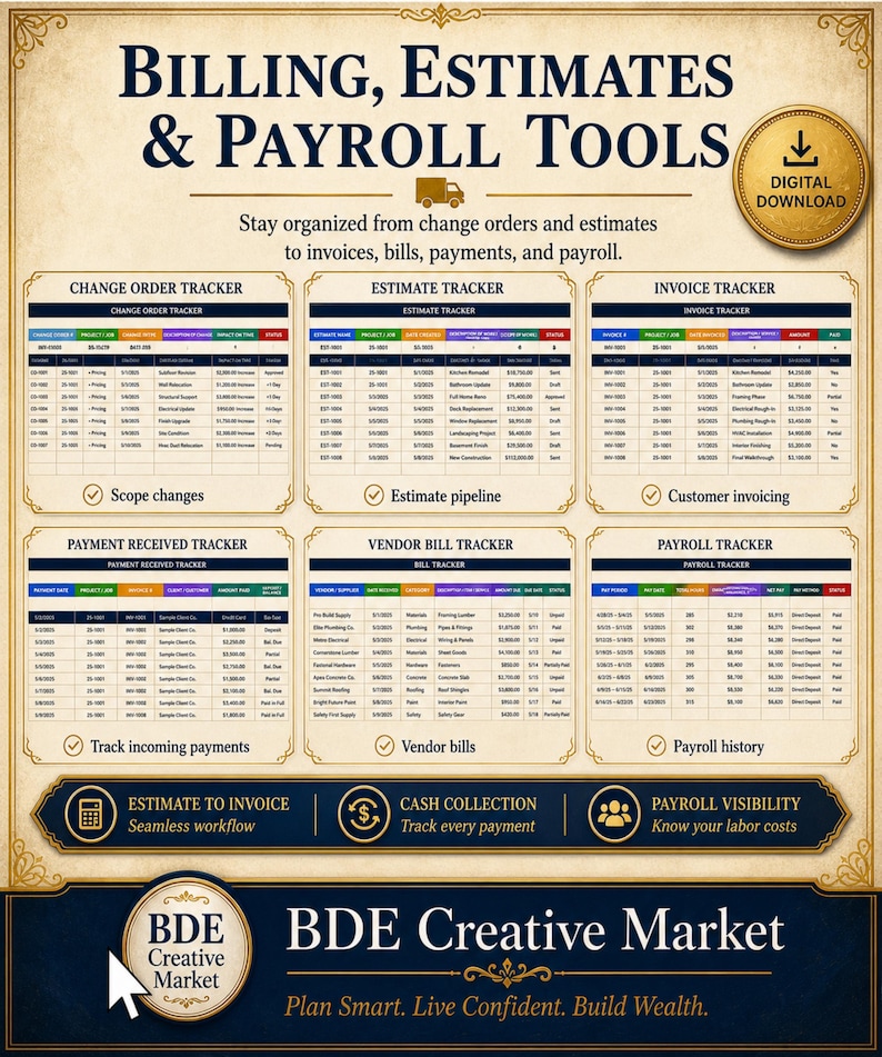 May include: A digital download document titled Billing, Estimates & Payroll Tools featuring six trackers for change orders, estimates, invoices, payments, vendor bills, and payroll. The layout includes tables with data columns and a BDE Creative Market logo.