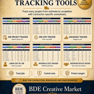 May include: A digital download featuring job and cost tracking tools for contractors. The layout includes six distinct spreadsheets for tracking projects, costs, budgets, labor, materials, and subcontractors, with text labels and icons for each section.