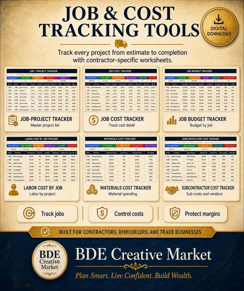 May include: A digital download featuring job and cost tracking tools for contractors. The layout includes six distinct spreadsheets for tracking projects, costs, budgets, labor, materials, and subcontractors, with text labels and icons for each section.
