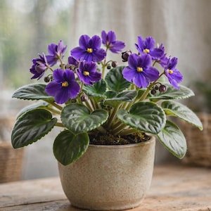 Puede incluir: Una planta de violeta africana en maceta con flores moradas vibrantes con centros amarillos brillantes y hojas gruesas, difusas y de color verde oscuro. La planta está en una maceta de cerámica beige claro simple con acabado mate y liso.